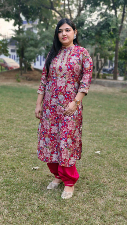 Deep Pink Floral Print Suit with Embroidered Neckline and Striped Dupatta